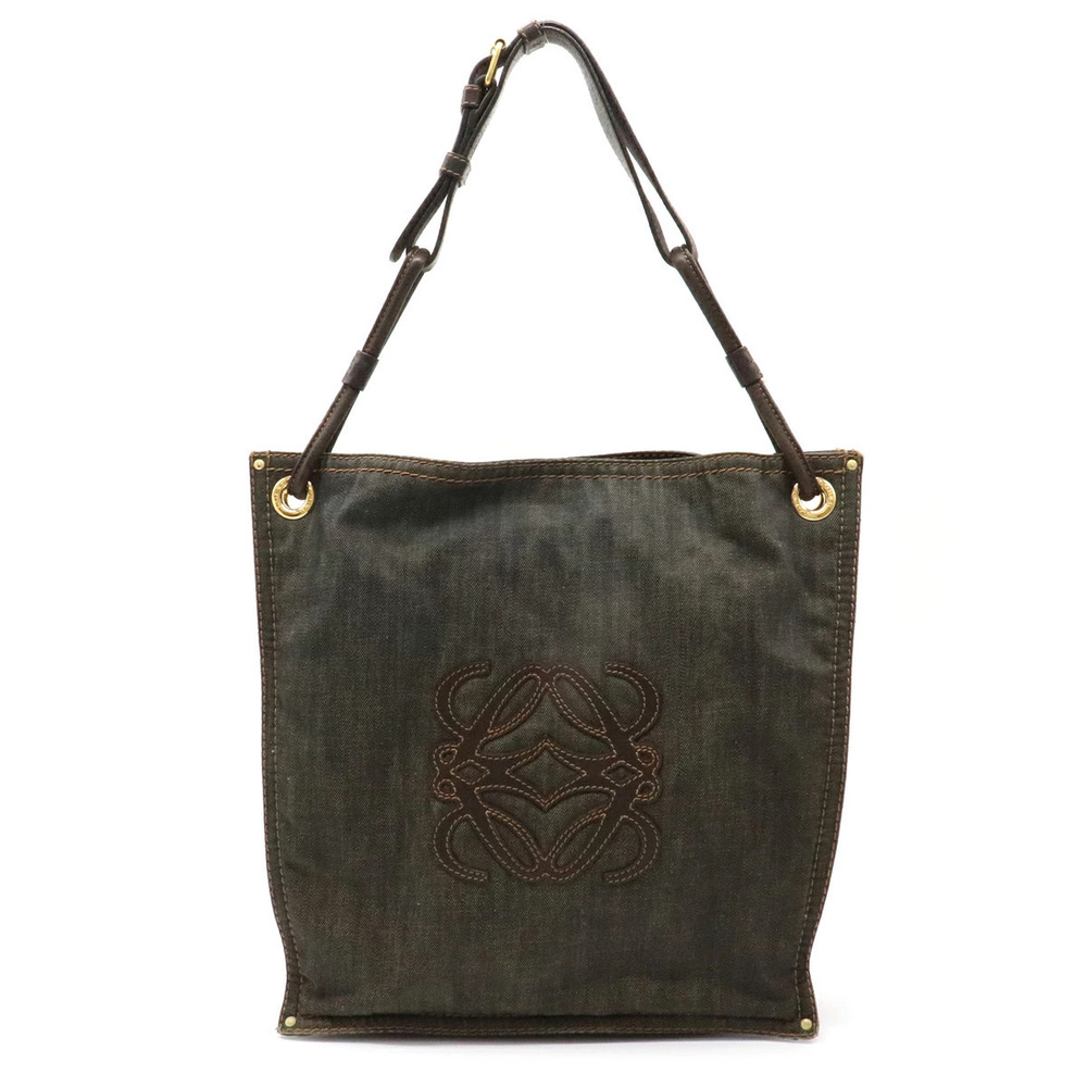 Loewe Anagram Shoulder Bag Hobo Tote Denim Leather Dark Brown